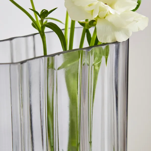 Luxe Ribbed Rectangle Grey Glass Vase